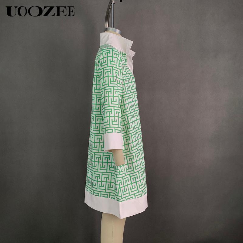 UOOZEE Women's Multicolor Geometric & Printed Lapel Three-Quarter Sleeve Buttoned Collared Mini Dress Casual Summer Shirt Style Stylish Design, No Stretch Daily Multi-Occasion Wear Shirt Mini Dress