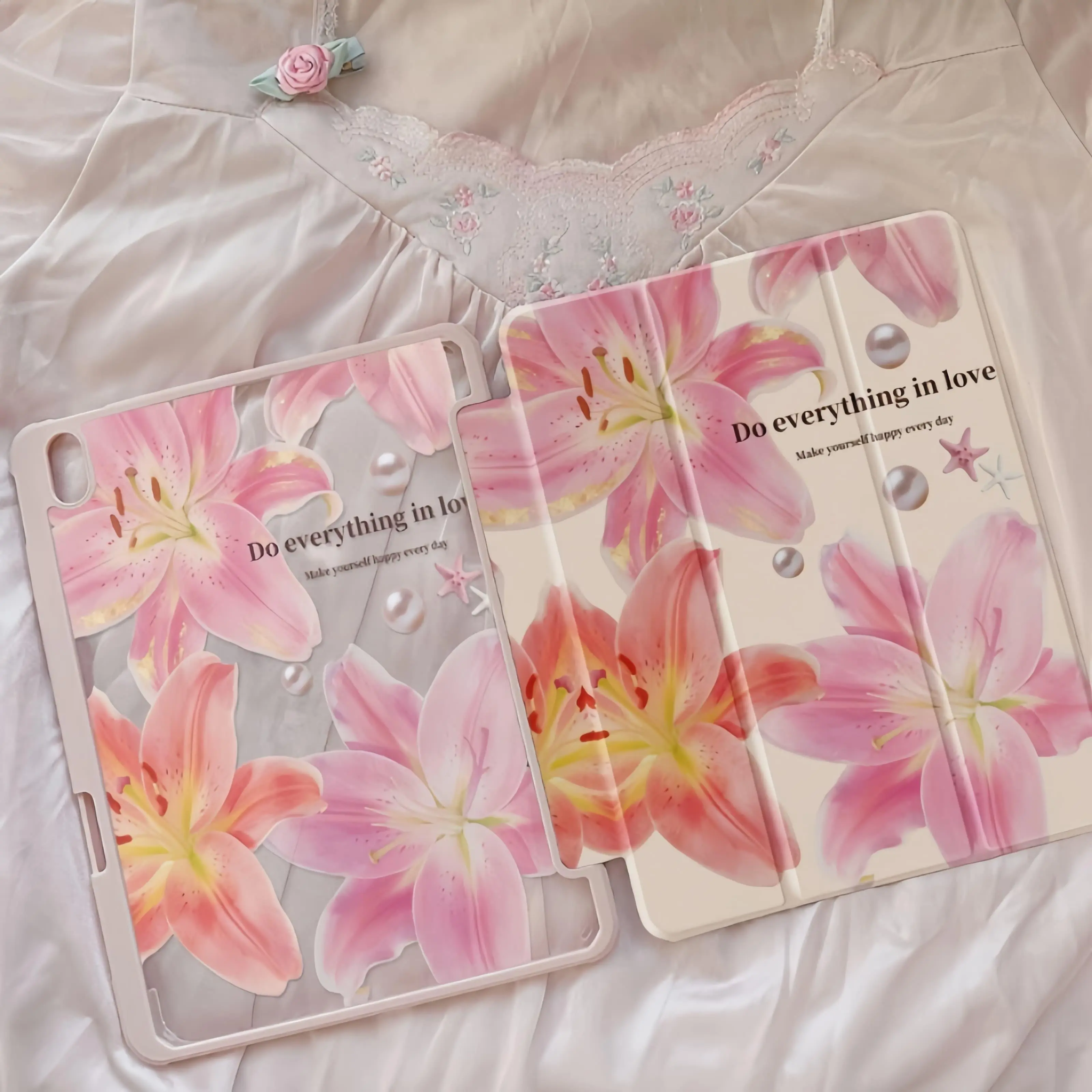 Pastel Pink Lily Print iPad Case with 3D Pearl Starfish Decoration, Trifold Stand, Auto Wake Sleep, TPU Plastic Covers for 2020-2026 iPad Pro 11/13, Air7, Air8, Mini7, Mini6, 10th-11th Gen Soft Girl Tech Accessories