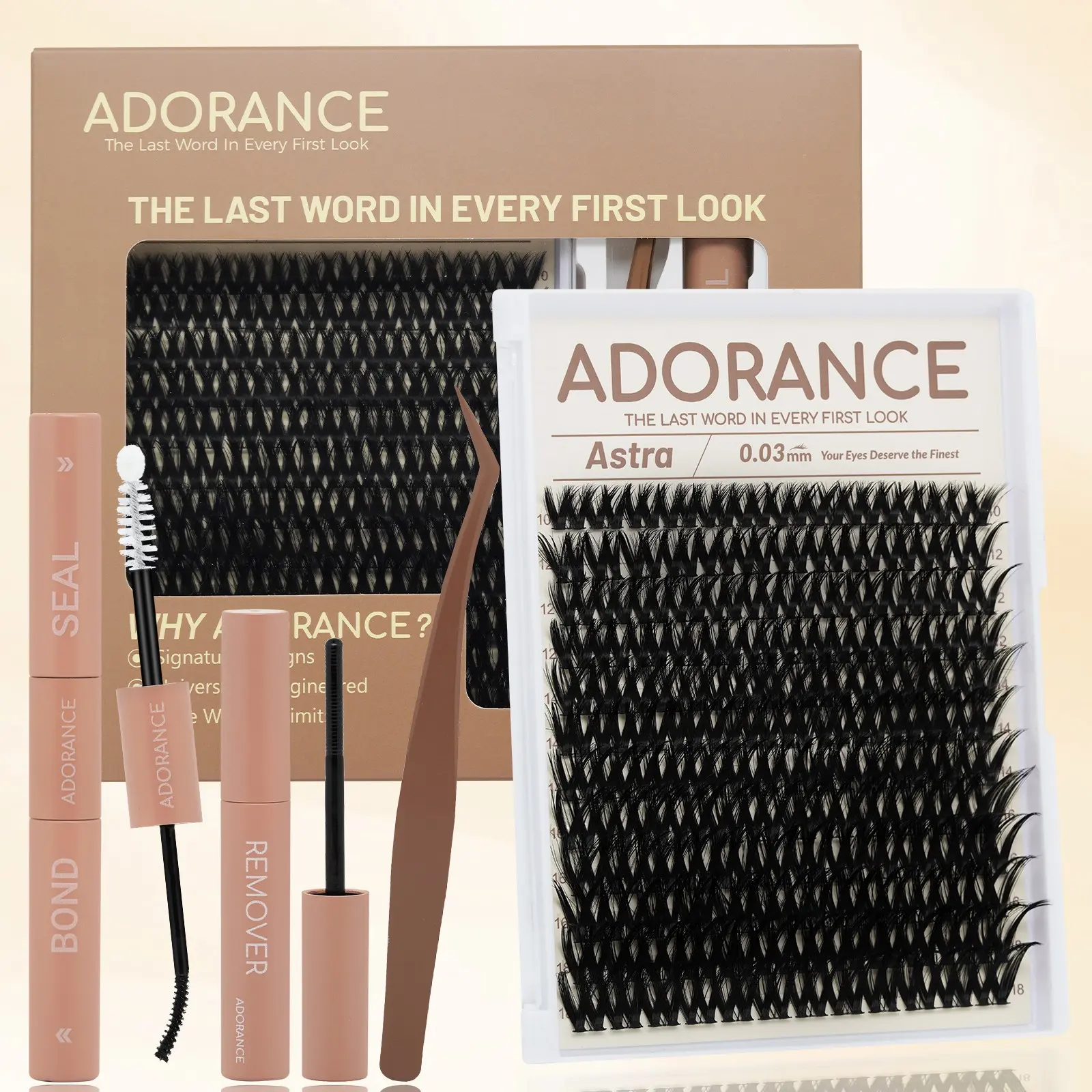 ADORANCE 144pcs Astra Lash Clusters Kit, DIY Lash Extension Kit with Bond & Seal, Remover & Tweezers, Natural Voluminous Individual Eyelash Extensions with Soft Thin Band, Waterproof Long-Lasting Cluster Lashes for At-Home Application