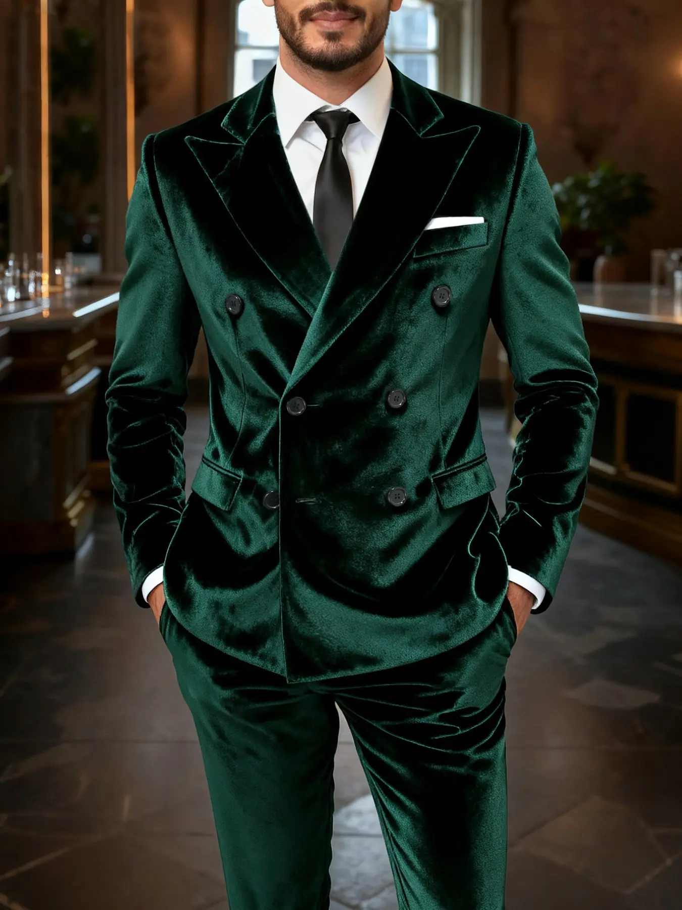 Men's Solid Color Velvet Suit Set Long Sleeve, Formal Wear Two-Piece Wedding Groom, Evening Party Jacket and Pants, Double Breasted Classic Design, Menswear
