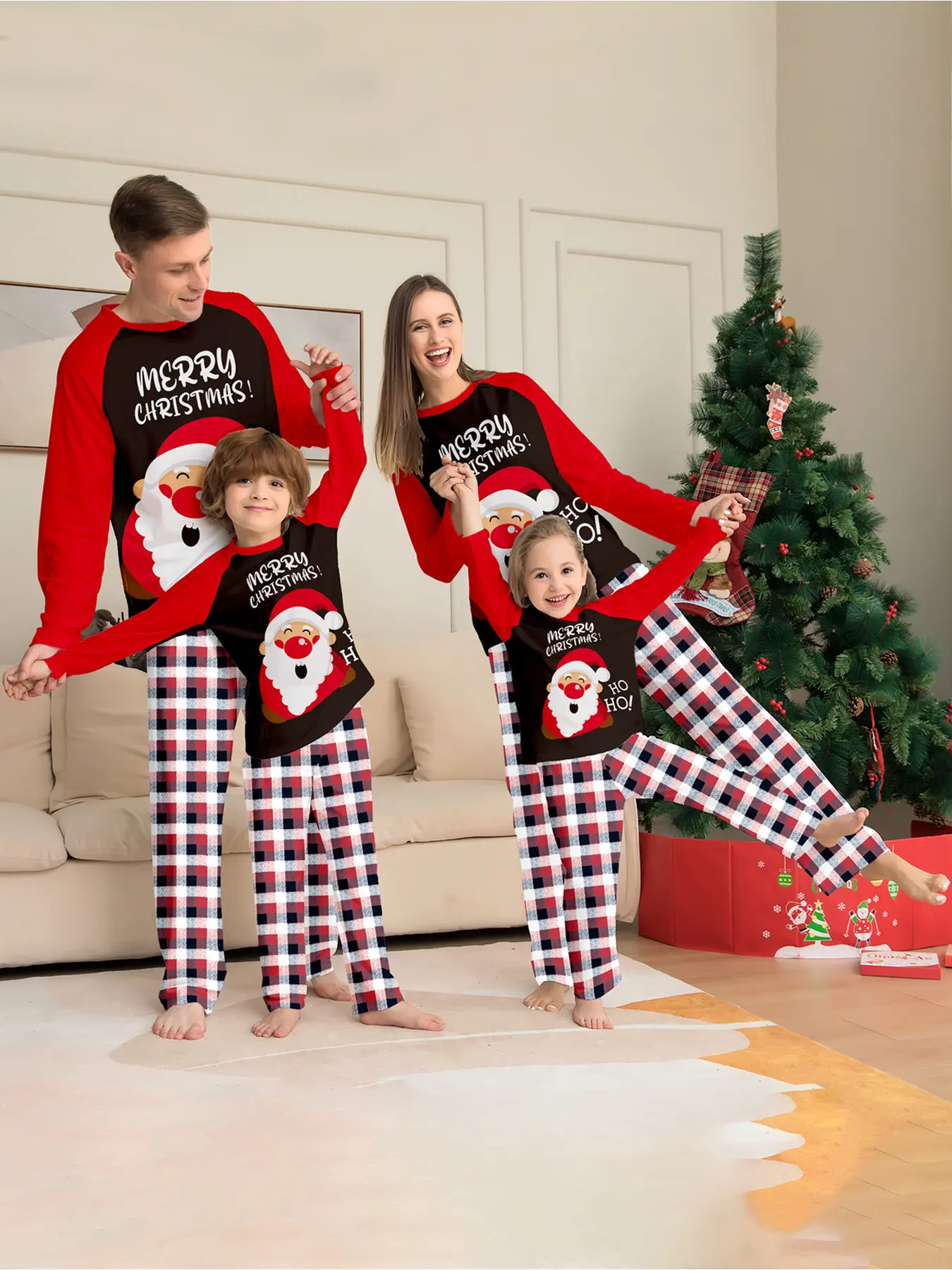 Christmas Hat Letter Print Family of Four Matching Pajamas Set, Long Sleeve Top & Long Pants Loungewear Two-Piece Outfit with Red Contrast Trim, Soft Skin-Friendly Breathable Knit Fabric. Ideal for Christmas Family Photoshoots, Holiday Party Outfits, Dail