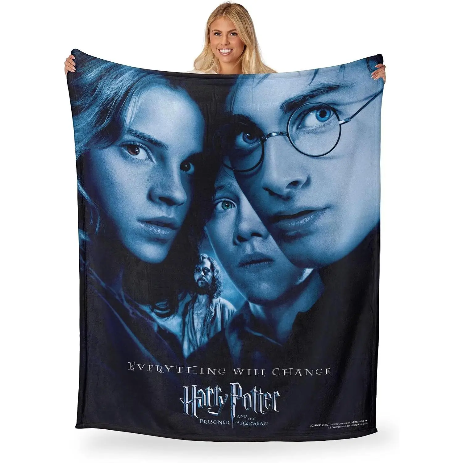 【Back To School】Harry Potter Prisoner of Azkaban Movie Poster Throw Blanket, Dark Blue Tonal Harry Hermione Ron Sirius All Season Sofa Bed Cover, Wizard Film Realistic Lightweight Foldable Travel Blanket, HP Movie Fan Nostalgic Holiday Housewarming Gift