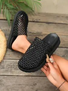Mesh Hollow Out Slip-On Sandals, Thick Sole Breathable Half Slippers, Summer Lazy One-Step Home Beach Casual Women's Shoes