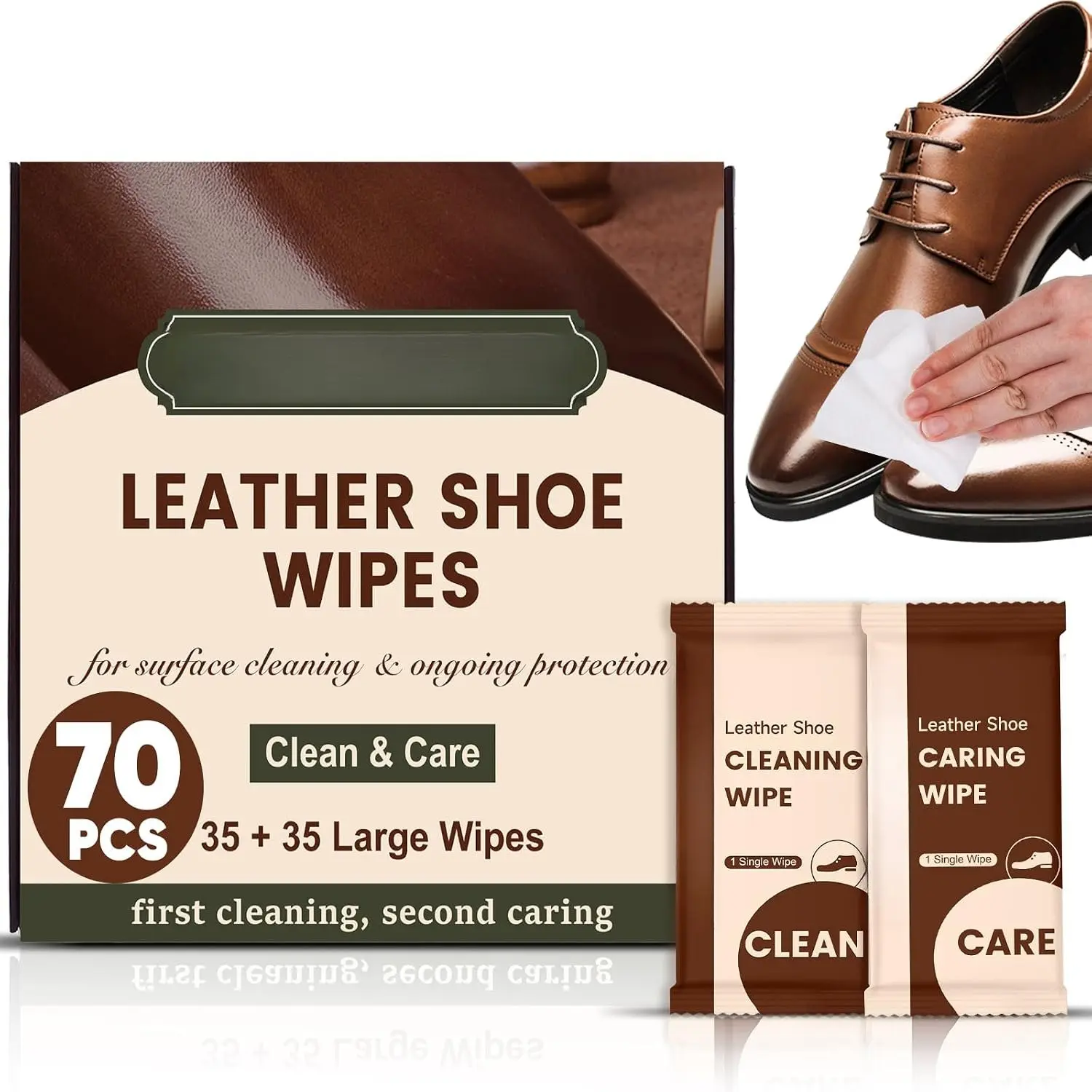 70 count Leather Shoe Wipes (35 Clean + 35 Care),  Packaging, Leather Wipes for Clean & Restore, Leather Cleaner and Conditioner for Shoes, Boots, Bags &  Interior