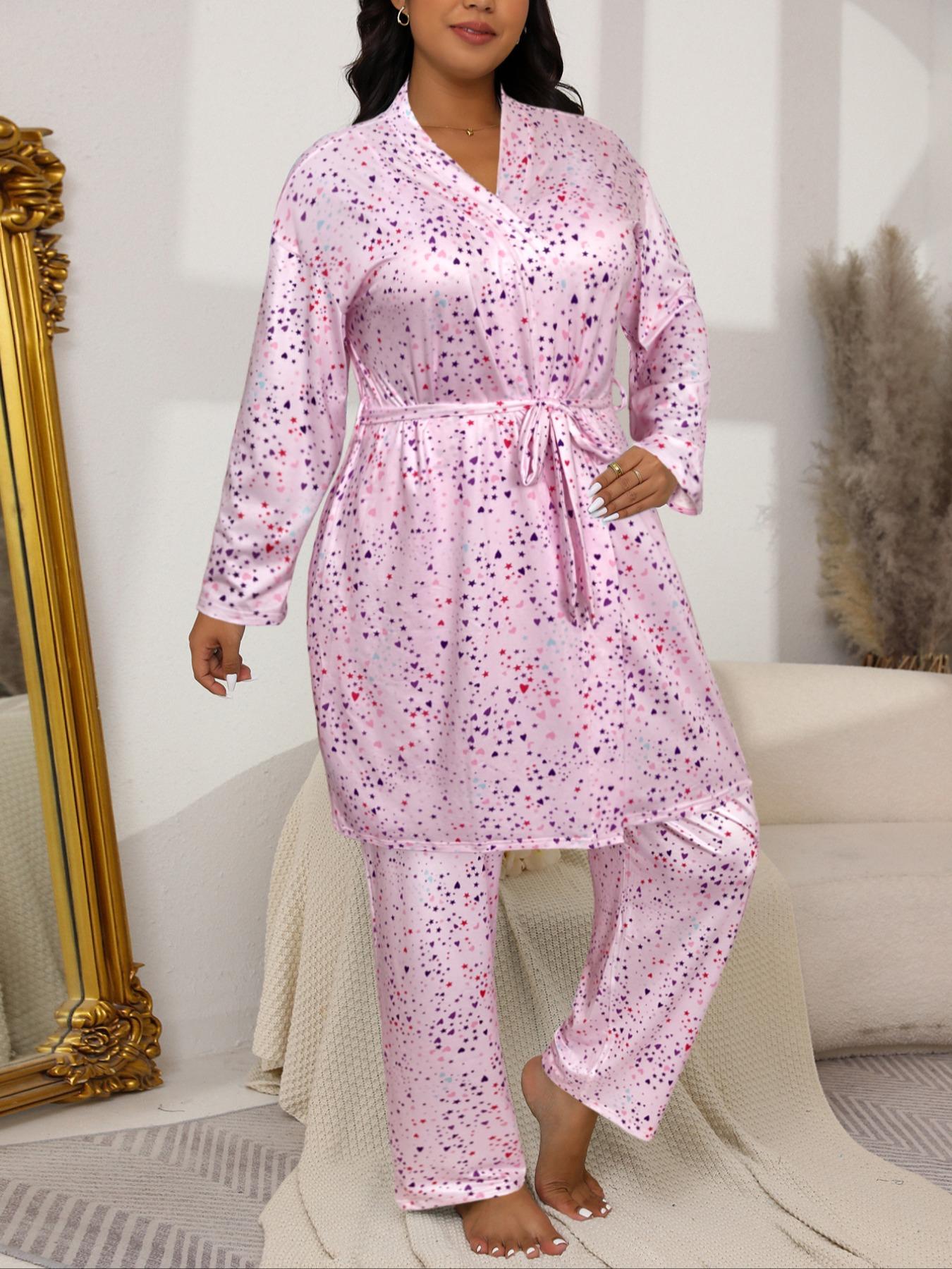 Plus Size Heart Star Polka Dot Print Strap Pants & Long Sleeve Robe Set, Casual Home Wear, Spring & Fall Sleepwear, Comfortable Fit