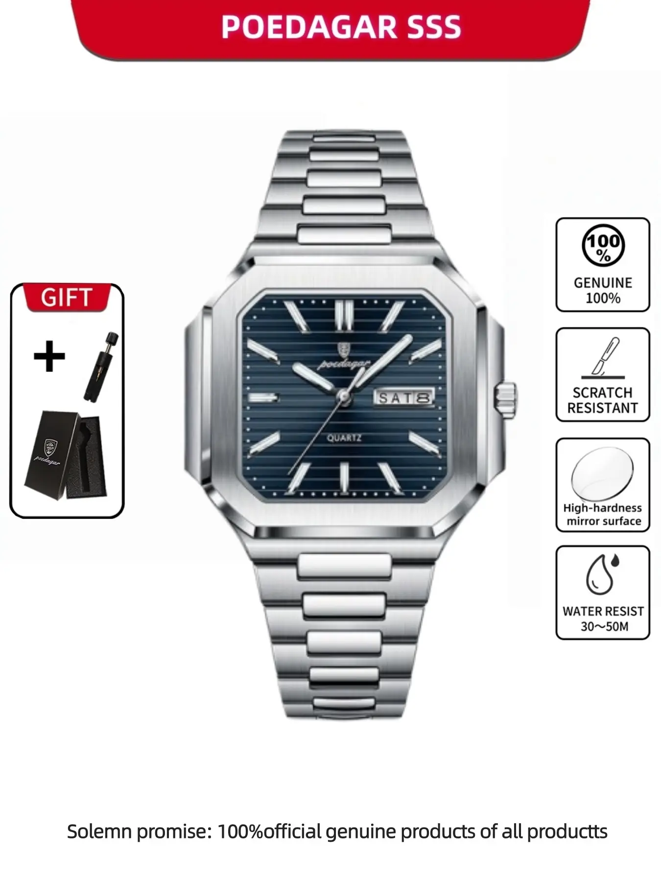 Poedagar Luxury Fashion Men's Waterproof Quartz Watch with Luminous Date Display, Casual Stainless Steel Square Men's Quartz Watch, Suitable for Daily Wear and Preferred Gift Giving