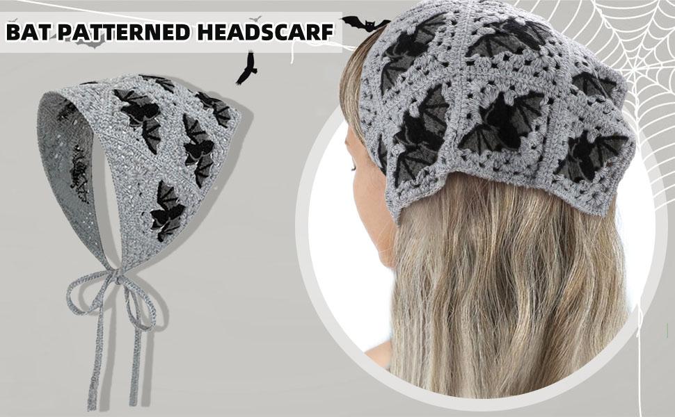 Gothic Crochet Headbands Bat Pattern Bandana for Women, Cotton Knit Triangle Headband Greyscale Halloween Style Head Scarf Christmas Vintage Crochet Hair Styling Decor