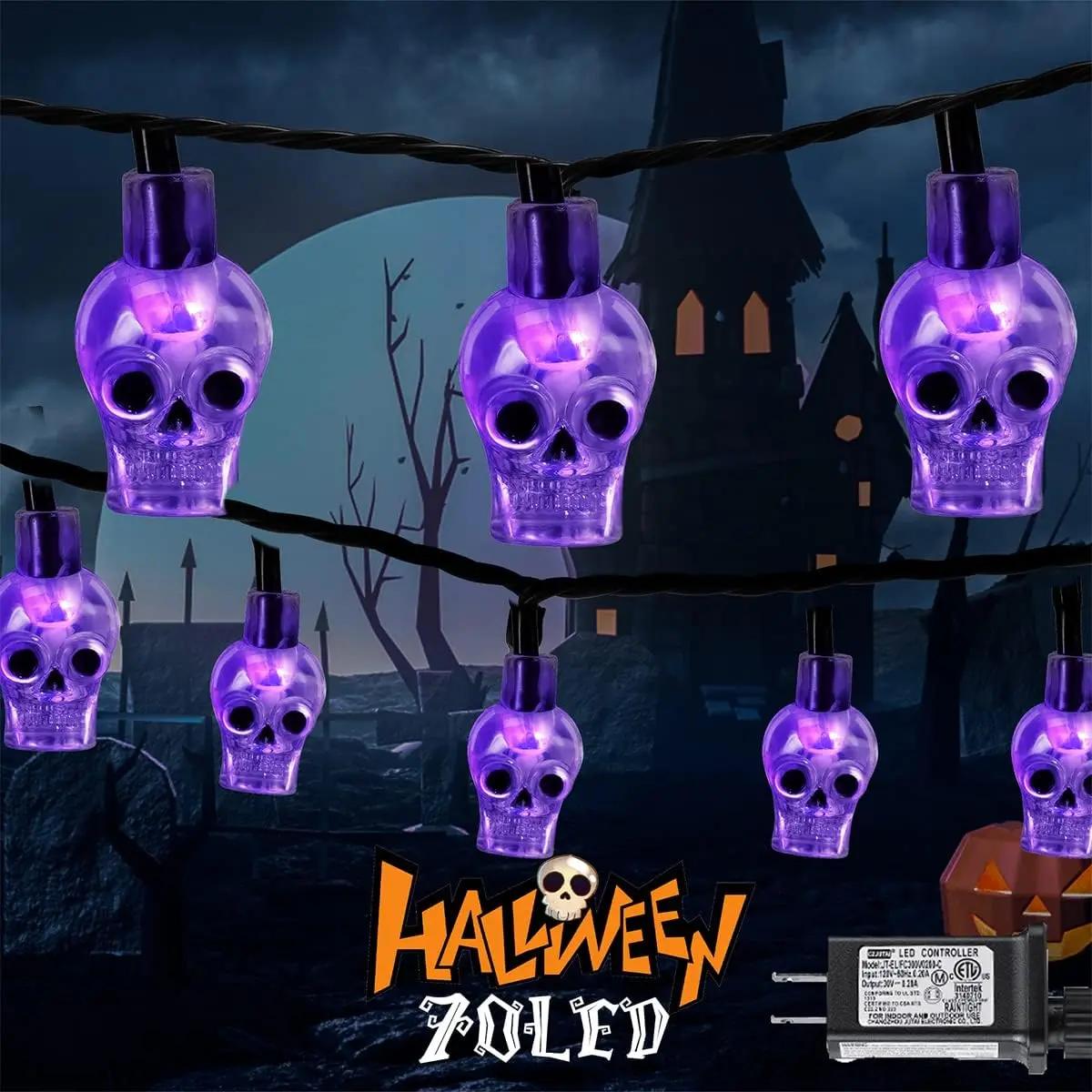 70 LED Skull String Lights - 22.6ft Plug in Halloween String Light for Outdoor and Indoor Decor - Spooky Lighting for Patio, House, Bedroom, Parlor, Halloween Party Decorations ()