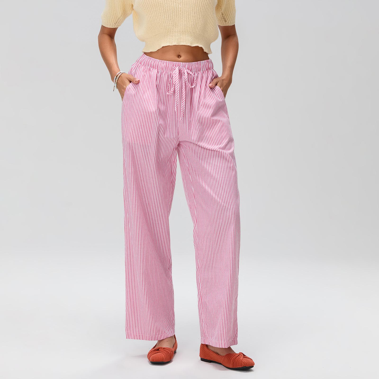 Ladies Female Women's Casual Stripe Print Pants, Drawstring Elastic Waist Loose Straight Long Pants with Pockets Womenswear Trousers Streetwear