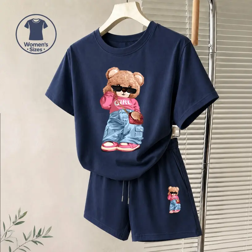 Women's Girl Bear Graphic Short Sleeve T-Shirt And Shorts Set, Casual Summer Two-Piece Outfit With Crew Neck Top And Drawstring Waist Shorts For Daily Wear