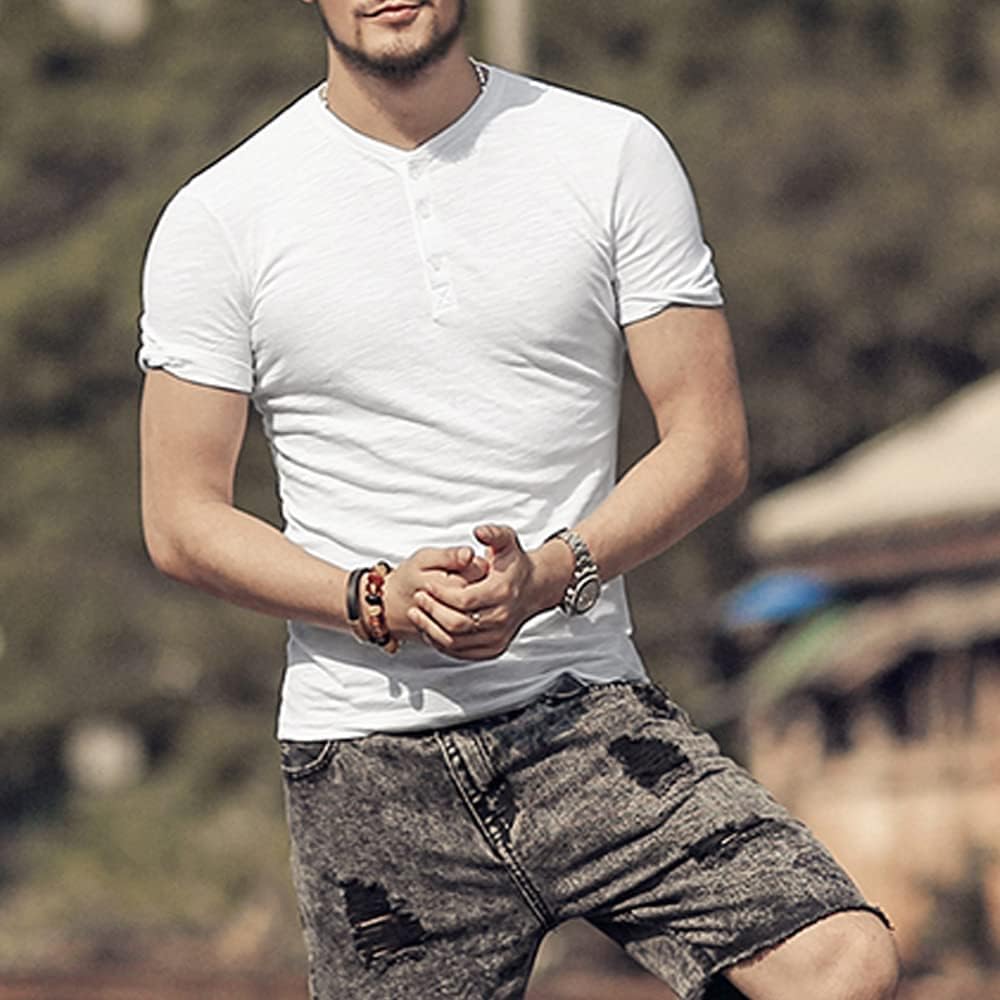 Mens Cotton Muscle Slim Fitted Sport Henley T-Shirt with Button