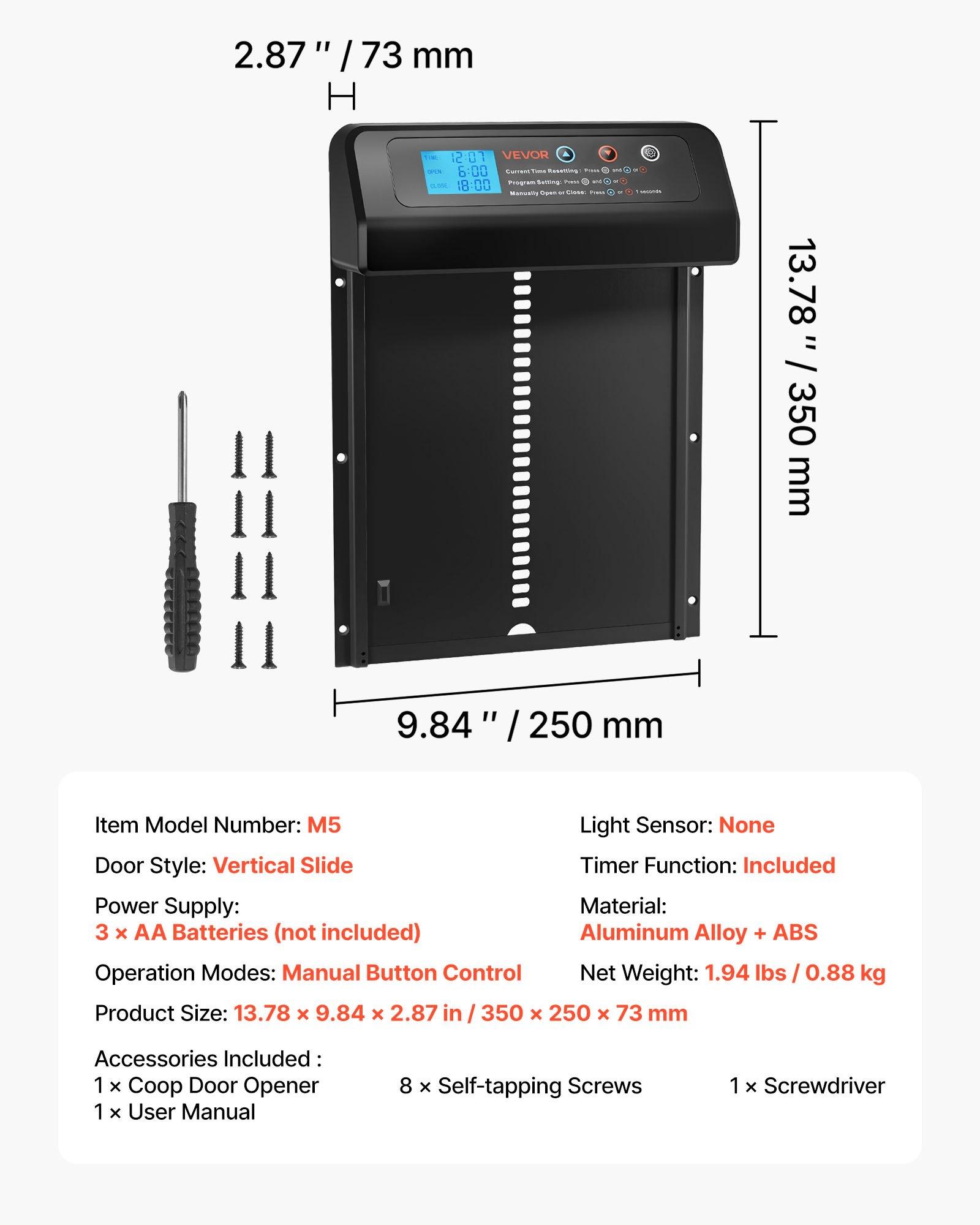 VEVOR Automatic Chicken Coop Door, Battery Powered Chicken Coop Door with Timer & Manual Setting, Anti-Pinch Security, Durable Aluminum Alloy, Auto Chick Run Gate Opener with Waterproof Sealing, Black