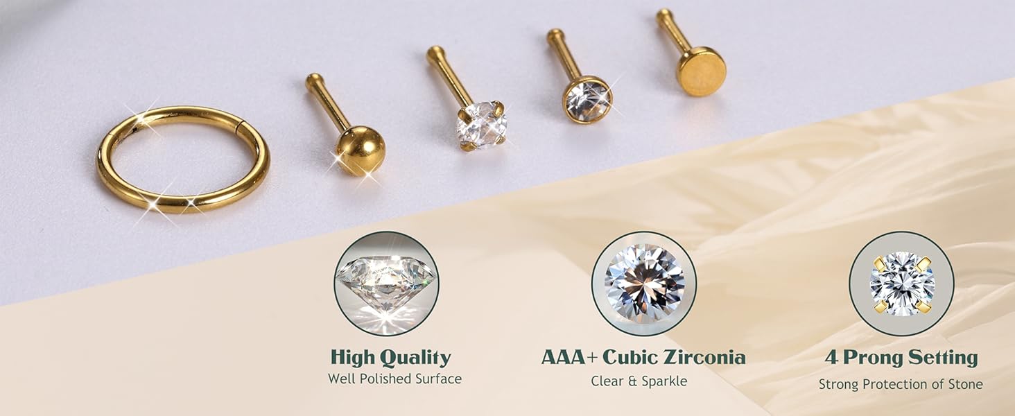 6-15Pcs 20G Nose Studs 18G Nose Rings Hoop for Women Men 316L Stainless Steel Clicker Hinged Nose Rings Hoop Straight L Shaped Nose Studs Nose Piercing Jewelry Silver Gold (Gold-CZ-Straight)