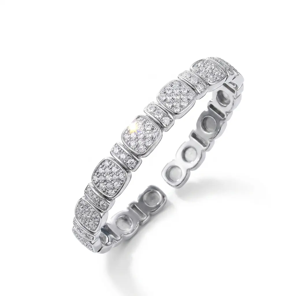 Luxury Moissanite Pave Link Bangle, 925 Silver Plated Sparkling Iced Out Bracelet, Fine Jewelry Gift for Her