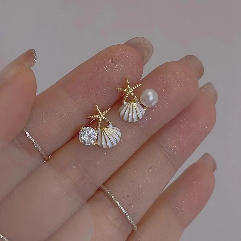 French Style Oceanic Shell Starfish Earrings,Pearl Unique Design Ear Jewelry, Vacation Chic Earrings, Daily Commute Versatile Earrings,Pearl Embellished, Fashion Earring