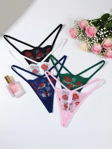 5 Colors Pack Sexy Lace Thongs for Women, Red Lip Embroidery Sheer Mesh Low Waist G-String Panties