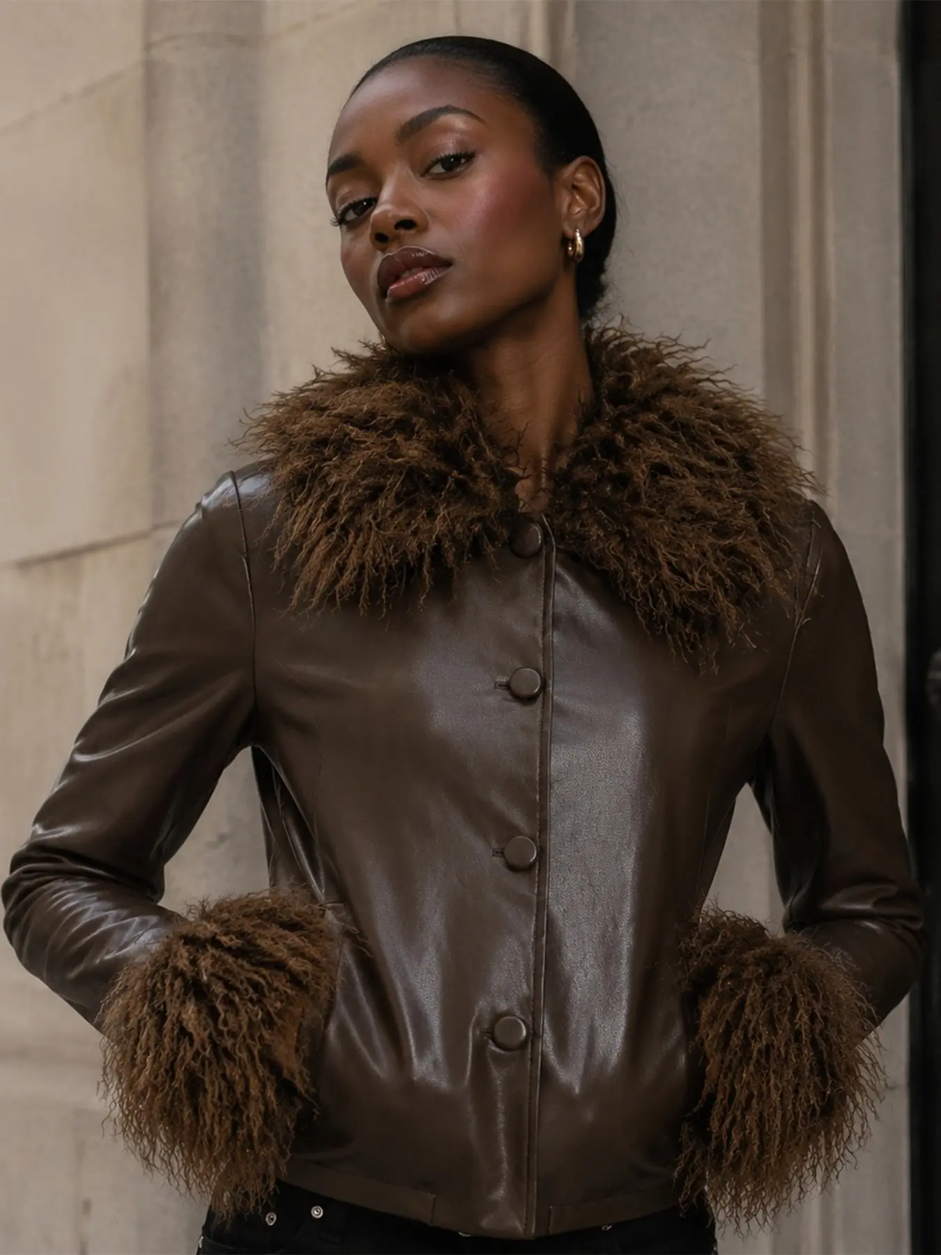 Vintage Faux Fur Patchwork Jacket, Single Button Artificial Leather Coat, Urban Elegant Women's Outerwear for Fall & Winter