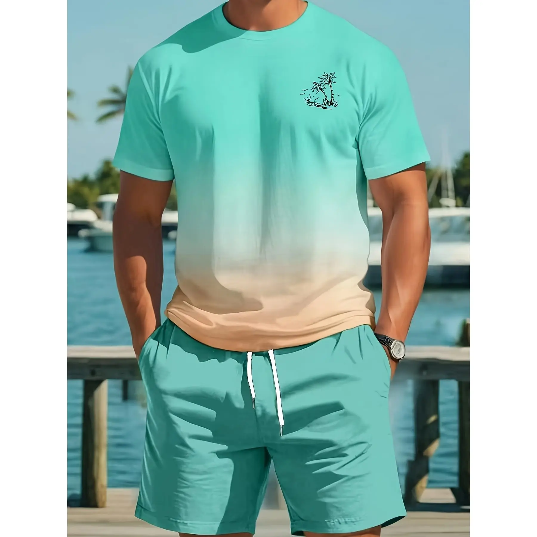 Men's 2pcs Summer Matching Short Sleeve T-Shirt & Board Shorts Suit - Matching & Swim Shorts, Round Neck Beachwear, Machine Washable 2pcs for Surfing, Swimming & Casual Outfits