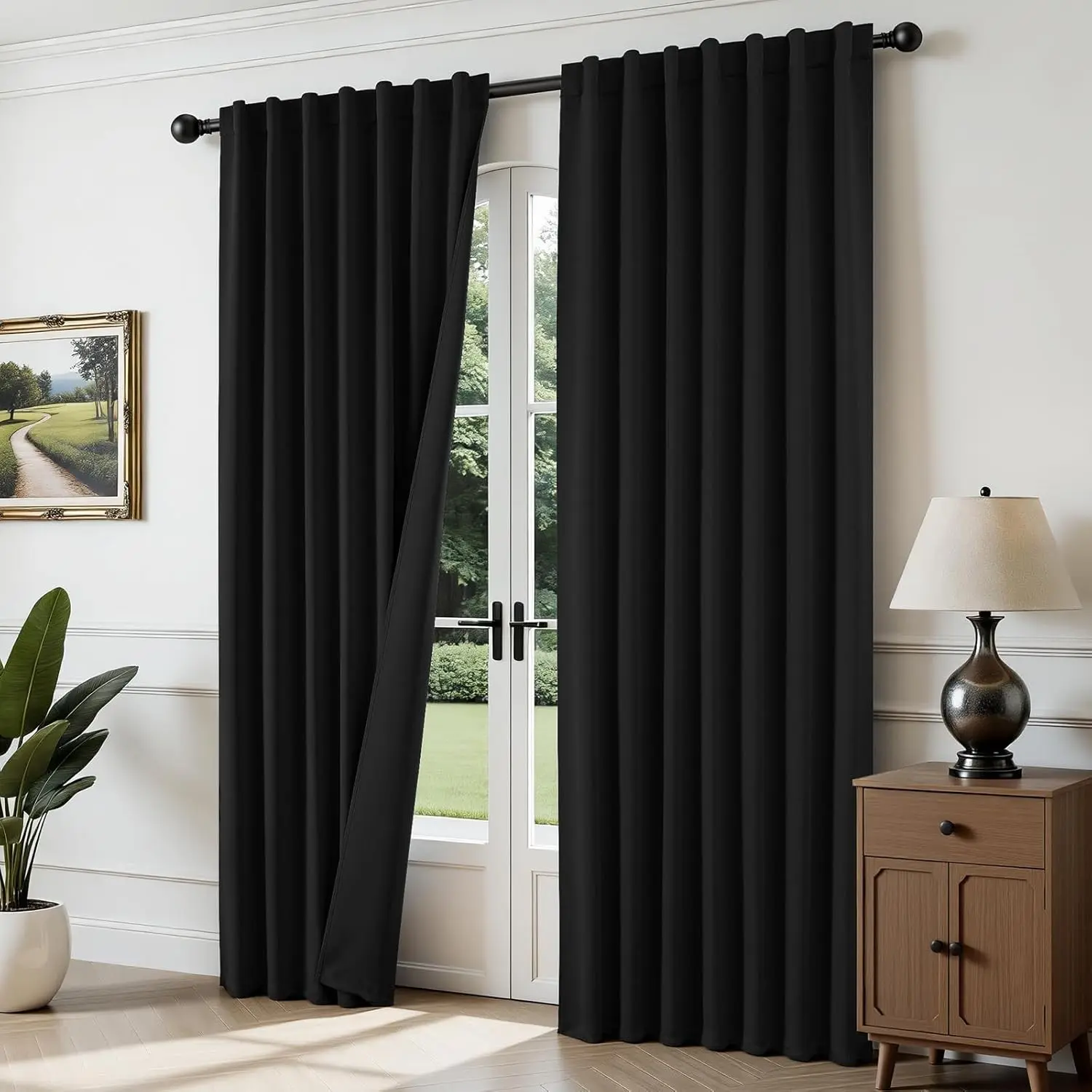 Blackout Curtains 96 Inch Long 2 Panels, Rod Pocket Back Tab Black Drapes, Room Darkening Noise Reducing Wrinkle-Free for Bedroom Living Room Windows