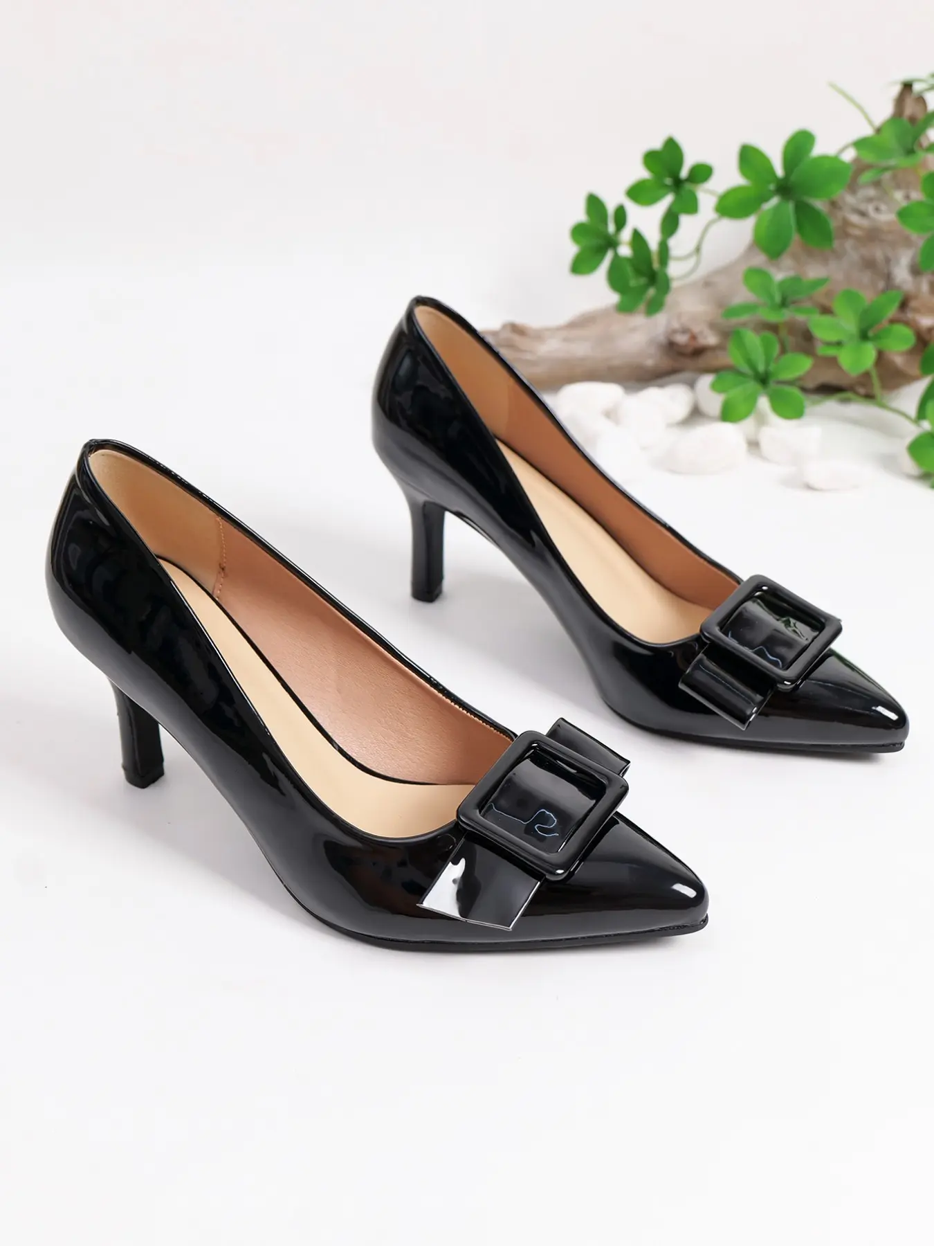 Shiny Pointed Toe Stiletto Heel Shoes, Elegant Bow Buckle Office High Heels, Comfortable Versatile Business Shoes