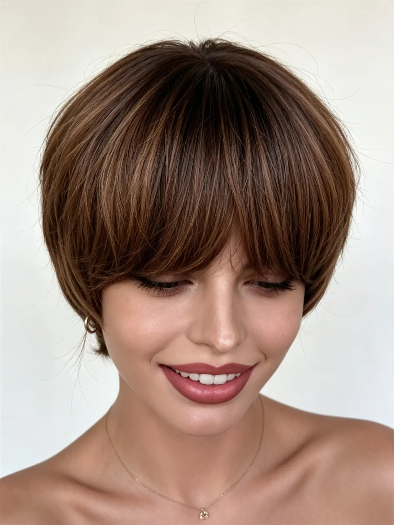 Lolely Dream 1b/4# Ombre Wigs 6 Inch Pixie Bob Style Lace Wig, Straight Human Hair Wig with Bangs, Realistic Scalp, Natural Looking Wig, 4×1 Middle Central Lace
