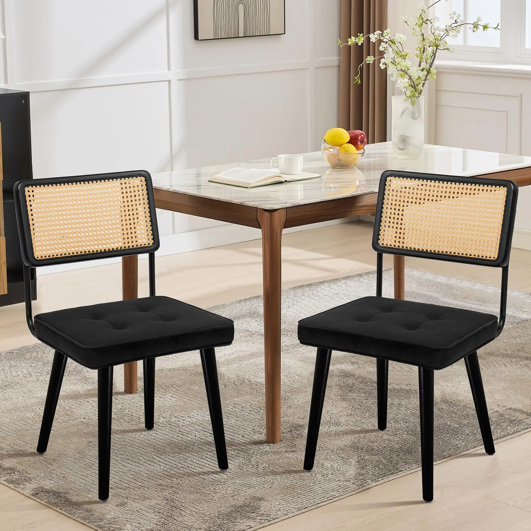 Dining Room Chairs Set of 2 – Mid-Century Rattan Kitchen Chairs with Wood & Metal Frame, Cane Back & Velvet Upholstery