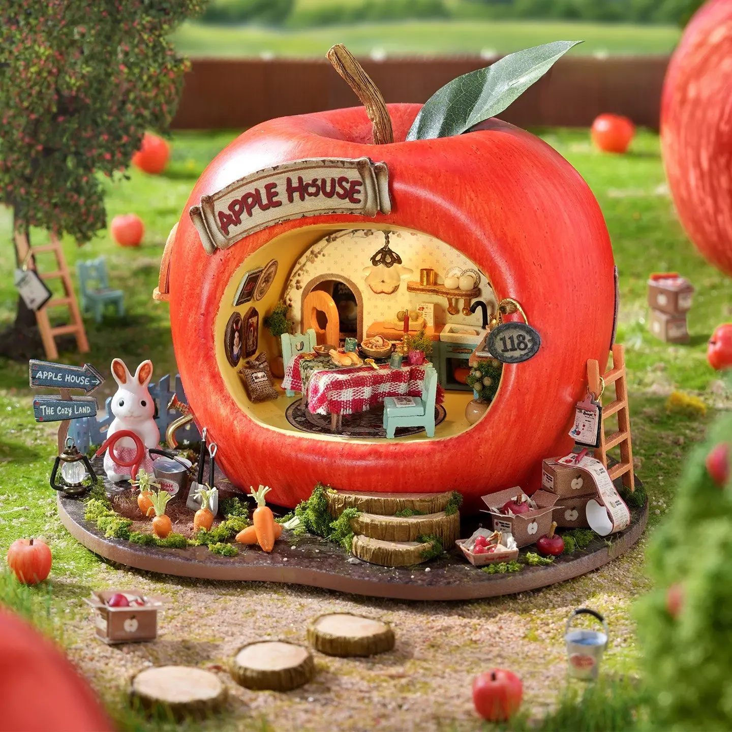 DIY Miniature Dollhouse Set, Strawberry Apple Lemon Mini Store Model, Mini Furniture and Animal Figures, Handmade Decorative Ornament, Gift for Collectors