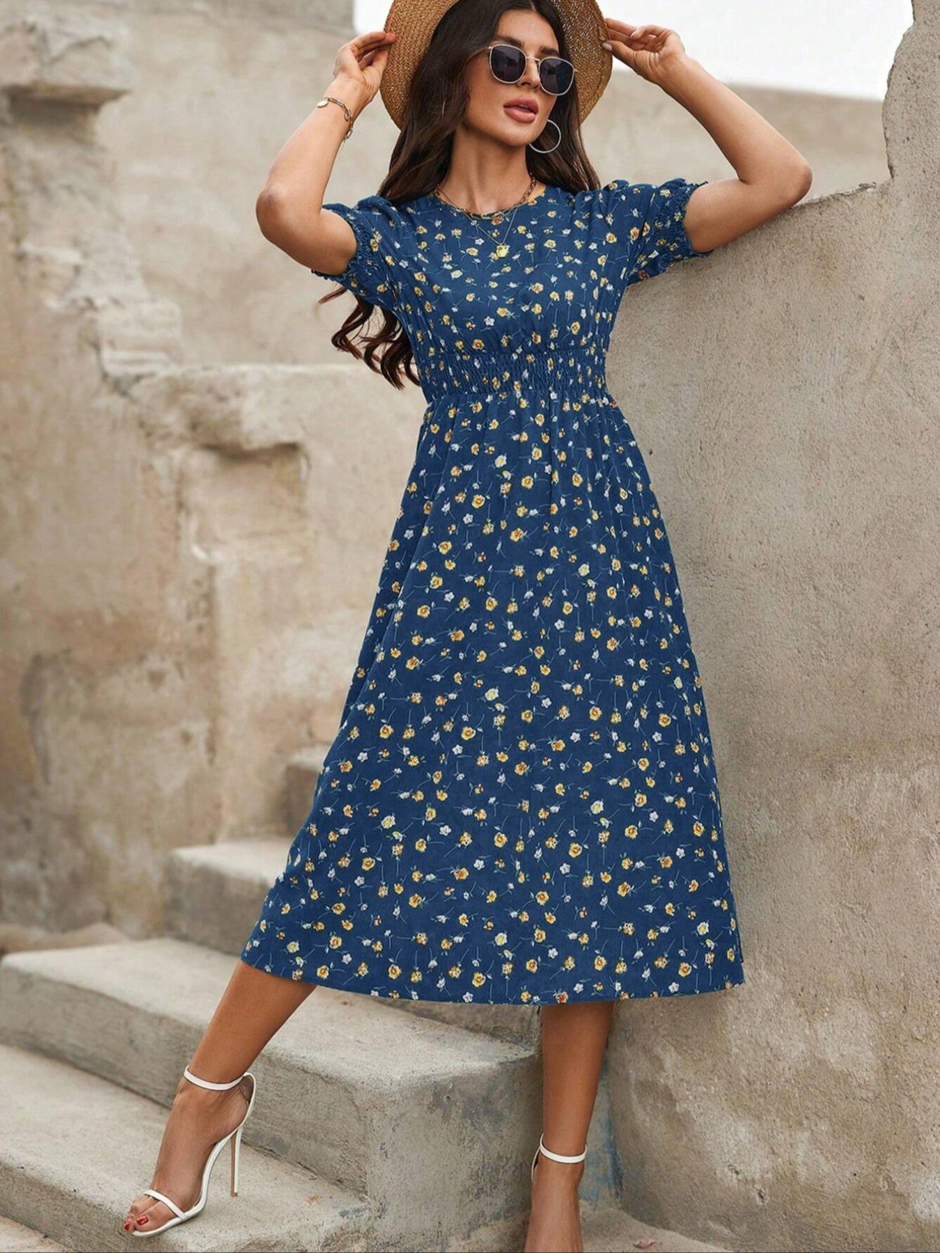 Women's Floral Print Bubble Hem Dress, Round Neck Waist Cinched Design, Boho Style Midi Skirt, Fitted Short Sleeve, All Seasons