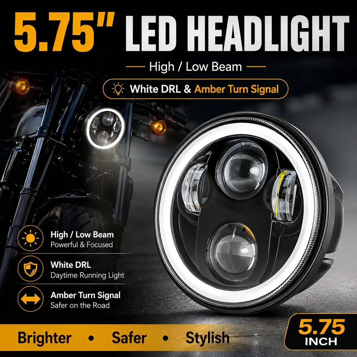 5.75 Inch Motorcycle LED Headlight, Angel Eye Round High Brightness, Daytime Running Light, Amber Turn Signal, Harley Cruiser Modification