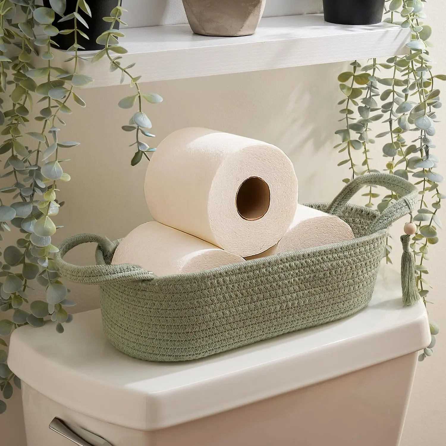 Decorative Toilet Paper Basket – Beautiful Bathroom Organizer for Toilet  Storage Decor – Boho  Rope Bin with Tassel for Bathroom Accessories and as Shelf Decor (sage Green)