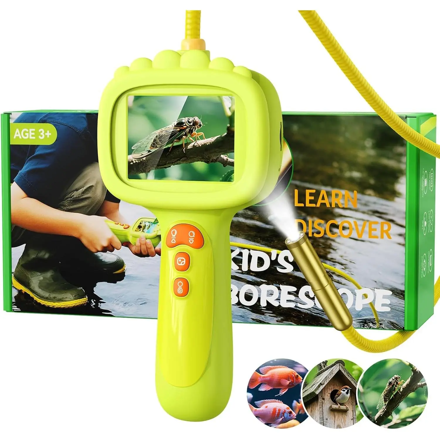Kids Borescope Camera with Light, STEM Educational Toy for Ages 3-8 Boys & Girls, 2.4" Screen Snake Scope Camera for Outdoor Camping Nature Exploration, Birthday Gift Green