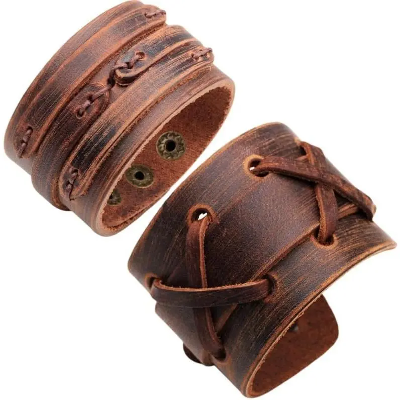 Punk Leather Cuff Bracelet, 2 count  Braided Leather Wristband for Men Women