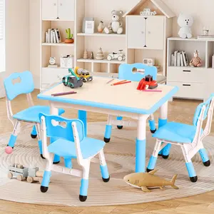 Kids Table and 4 Chairs Set, Height Adjustable Toddler Table, Graffiti Desktop, Children Multi-Activity Study Table With Non-Slip Legs, Classroom/Daycare/Home, Children Multi-Activity Table for Ages 2-10, Blue/Pink/Green/Grey/Wood