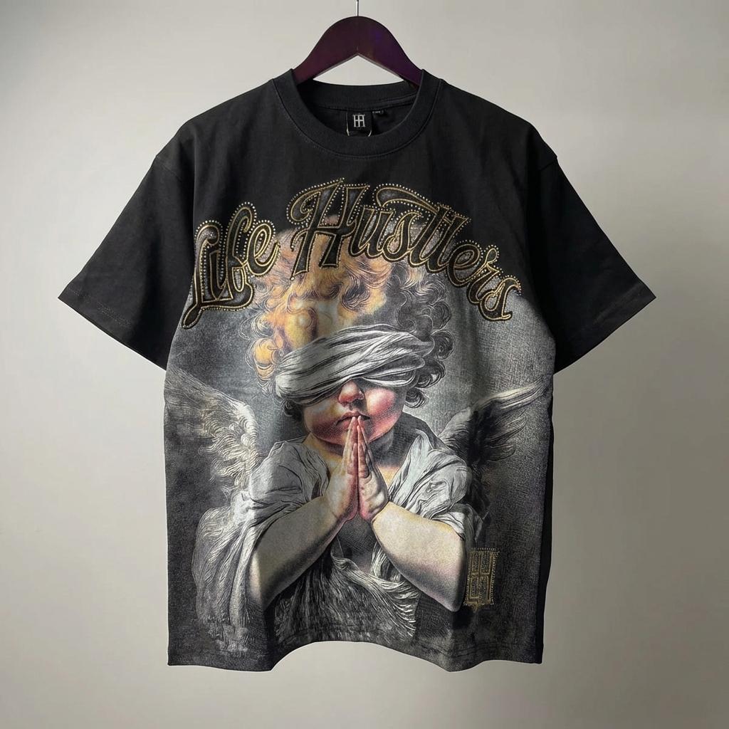 Masked Angel Shooting Arrows Diamond Cotton Short Sleeve T-shirts for Men and Women Crew Neck Loose Summer T-shirt Oversized Tees Streetwear Graphic Tee Trendy Casual Unisex Hip Hop Cool Fashion Summer Style Edgy Urban Vibes