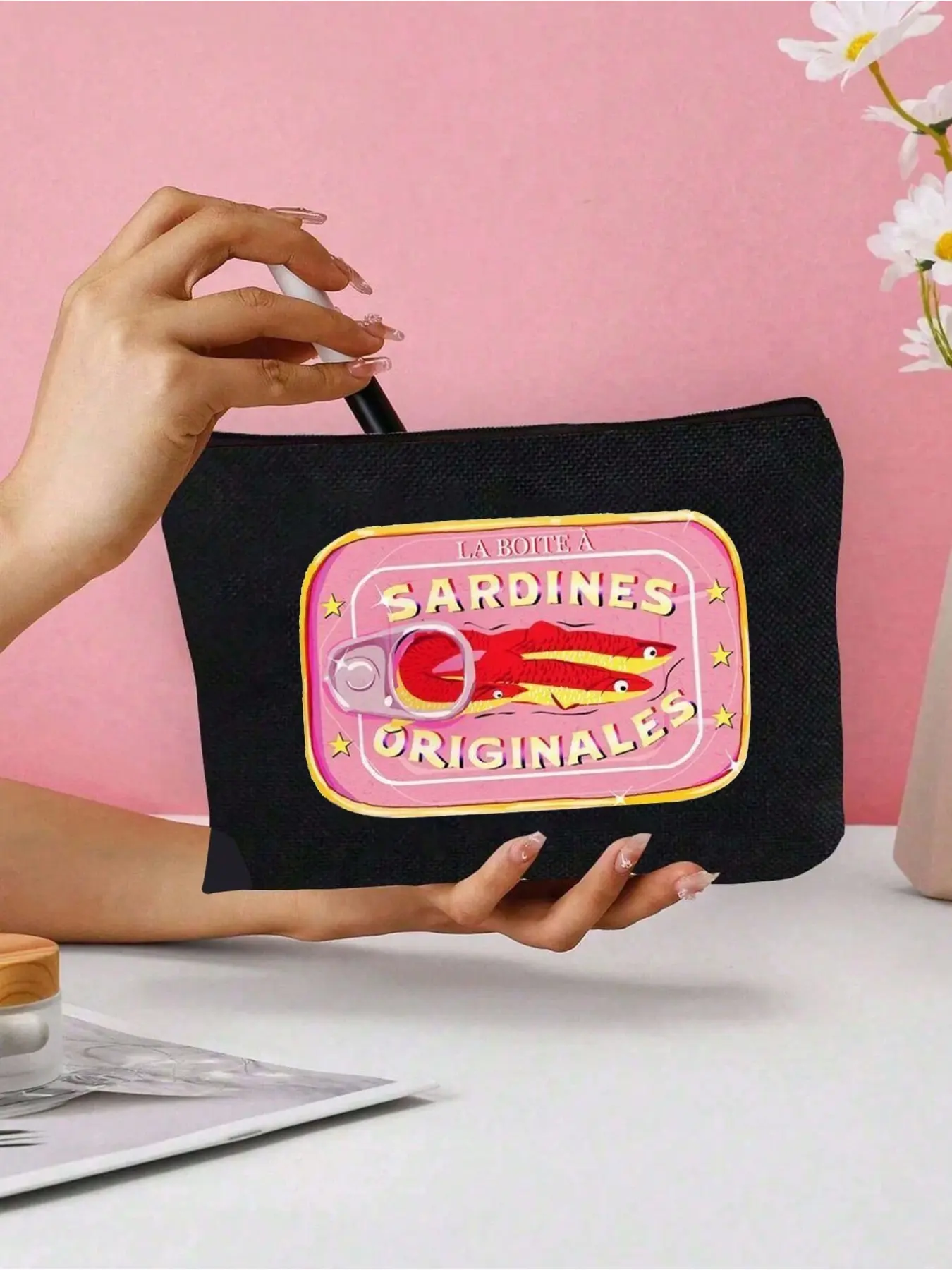 "sardines Originales" Print Makeup Bag, Sardine Pattern, Lightweight Portable, Multi-Function Zipper Travel Bag, Ideal for Vacation, School, Travel, Cosmetic Travel Bags