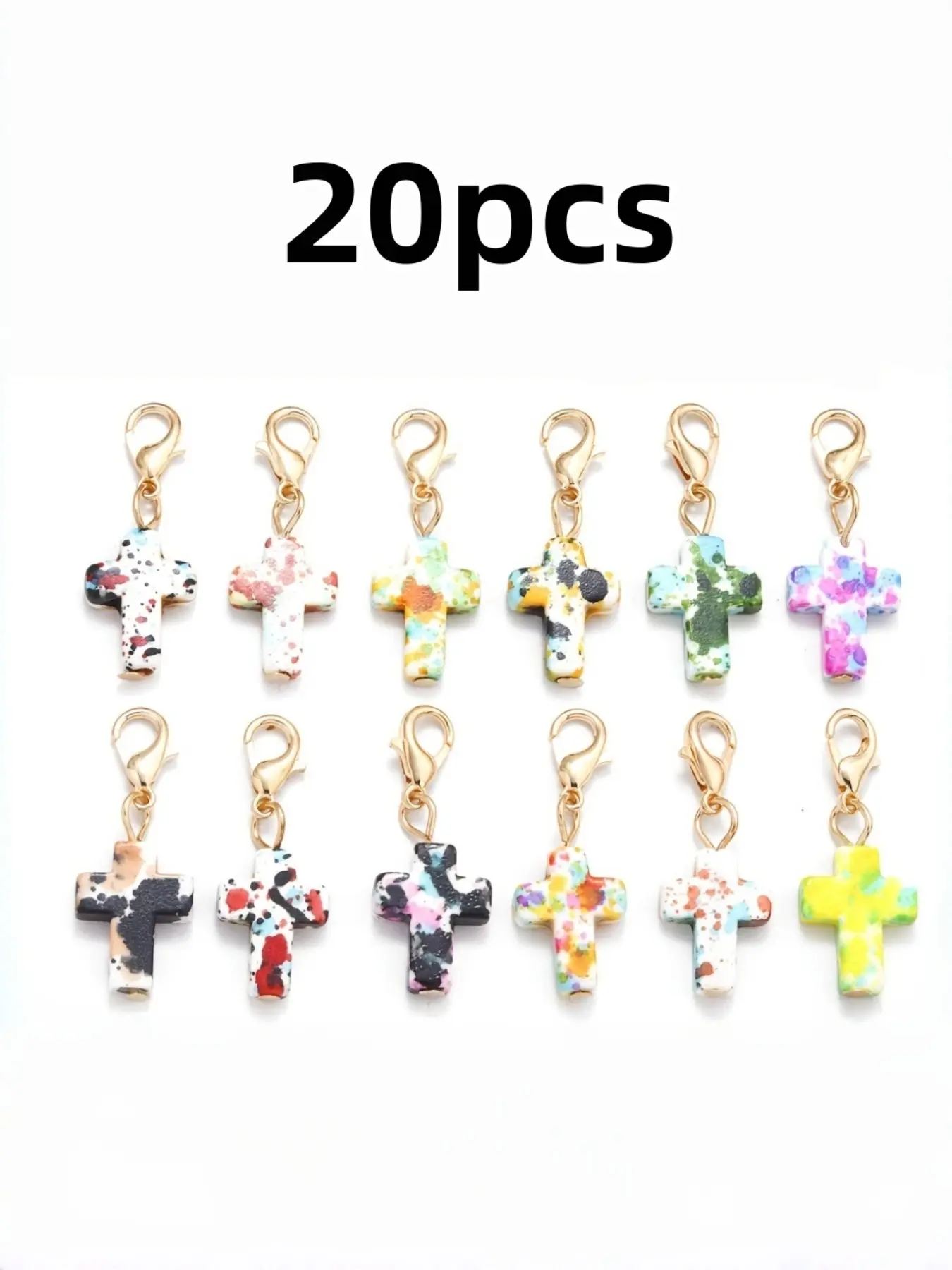 20 Cross Stone Lobster Clasp Dangling Charms, Multicolor Mini Cross Pendant Accessories, Vintage Halloween DIY Bracelet Bag Charm Decorations