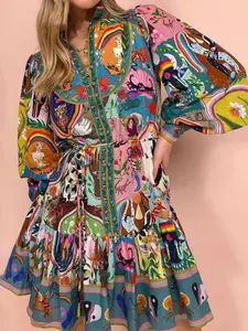Vintage Bohemian Floral Print Pleated Long Sleeve Dress with Ruffled Hem, Waist-Tied Design, Casual Wear, Elegant Feminine Round Neck for Summer & Spring Fashion Women