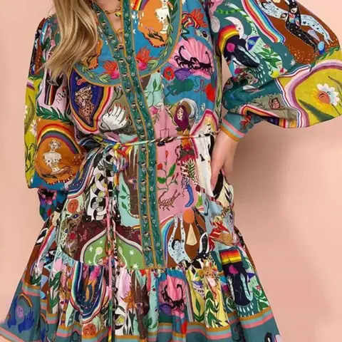 Vintage Bohemian Floral Print Pleated Long Sleeve Dress with Ruffled Hem, Waist-Tied Design, Casual Boho Elegant Wear, Elegant Feminine Round Neck for Summer & Spring Fashion Women Boho Dresses