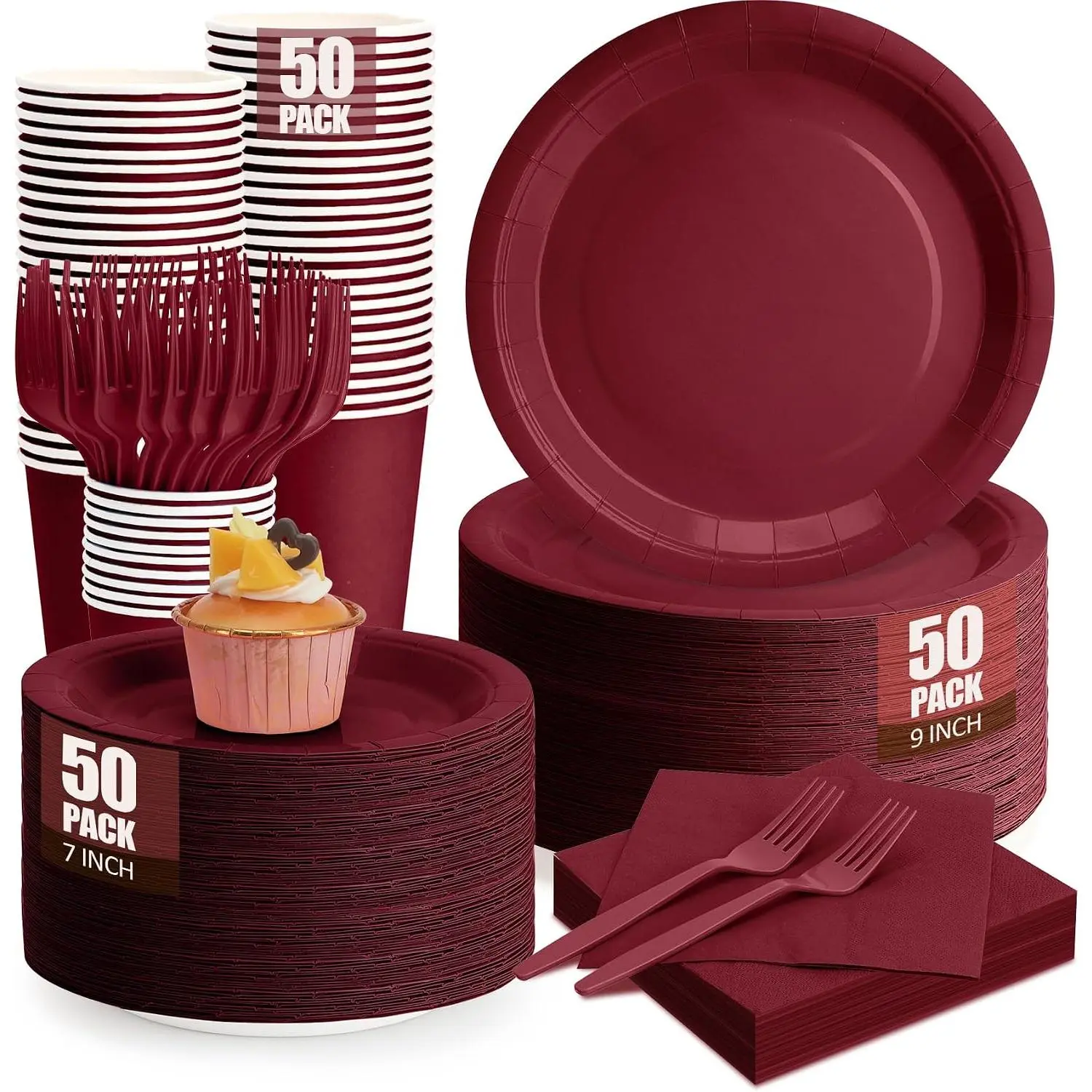 250 count Burgundy Paper Plates and Napkins Supplies, Include 9''Paper Party Plate, 7''Dessert Plates Cups Napkins Forks Sets for Birthday, Anniversaries, Wedding, Picnics, Serves 50