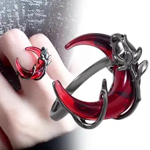 Red Blood Moon Rose Gemstone Ring Sylus Unisex Personality Gothic Hip-pop Adjustable Rings Jewelry Halloween Accessories