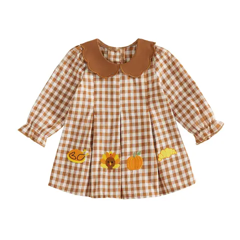 [Lullaby] Toddler Girls' Collared Checkered Thanksgiving Dress, Cute Long-Sleeve Dress