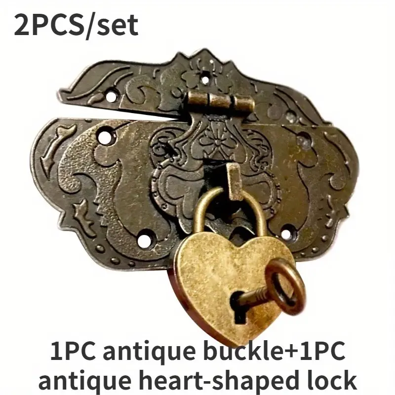 2 Piece Vintage Bronze Buckle Set with Heart Shape Lock, Wooden Box Latch, Home Hardware Accessories, Antique Style Closure