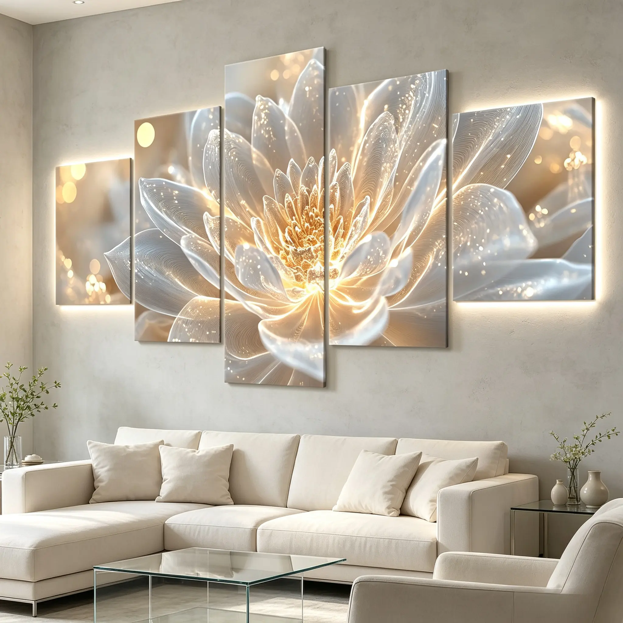Fluorescent Lotus Pattern 5-Piece Canvas Wall Art - Framed, Ready To Hang - For Living Room - Perfect Gift For Housewarming Christmas New Year - Wall Decor, Home Decoration