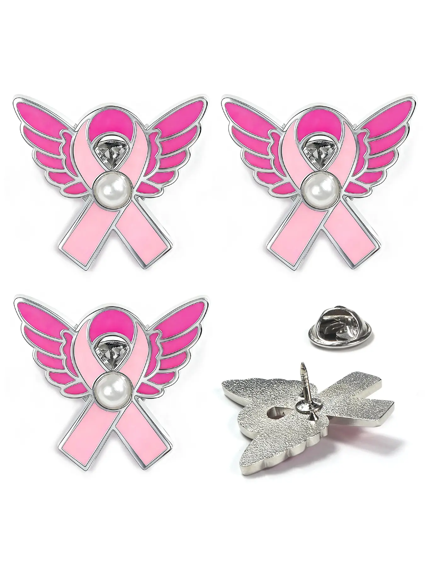 3PCS Pink Ribbon Angel Wing Brooch, Crystal Pearl Enamel Lapel Pin, Breast Cancer Awareness Hope Jewelry Survivor Charity Gift, Brooch Pins