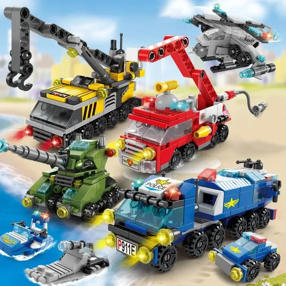6-in-1 City Vehicle Building Blocks Toy Set - Fire Police Truck, Engineering Crane, Tank, Helicopter Bricks for Kids