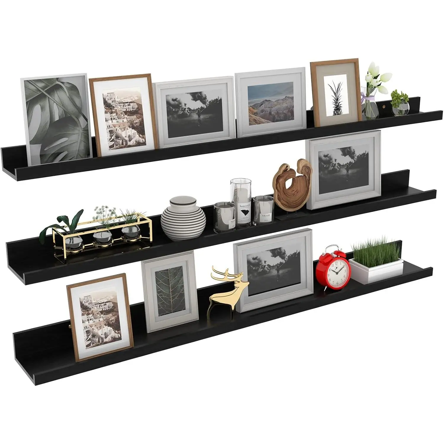 Inch Black Floating Shelves Ledge, Wall Mount Long Picture Rail Large Woodgrain Photo Shelving for Living Room Bedroom Office, Set of 3 Different Sizes