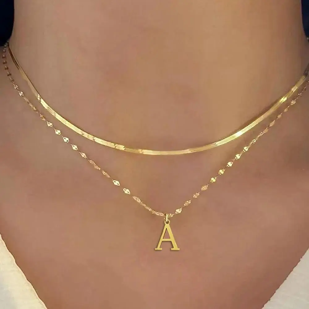 DGIDDK Stainless Steel 26 Letters Pendant Necklace Double Stacked Wear Europe And The United States Fashion Style Female Jewelry
