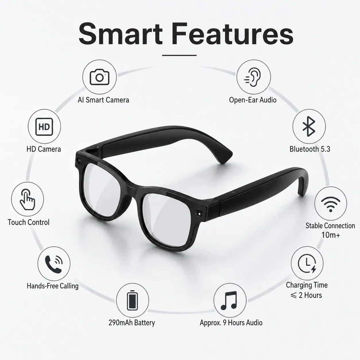 Cy03 Ai Video Capture Smart Glasses, Bluetooth-compatible Smart Glasses, 8mp Lens, 10m Range, 2hr Fast Charge, 9hr Music Play, Ideal for Travel Vlogs