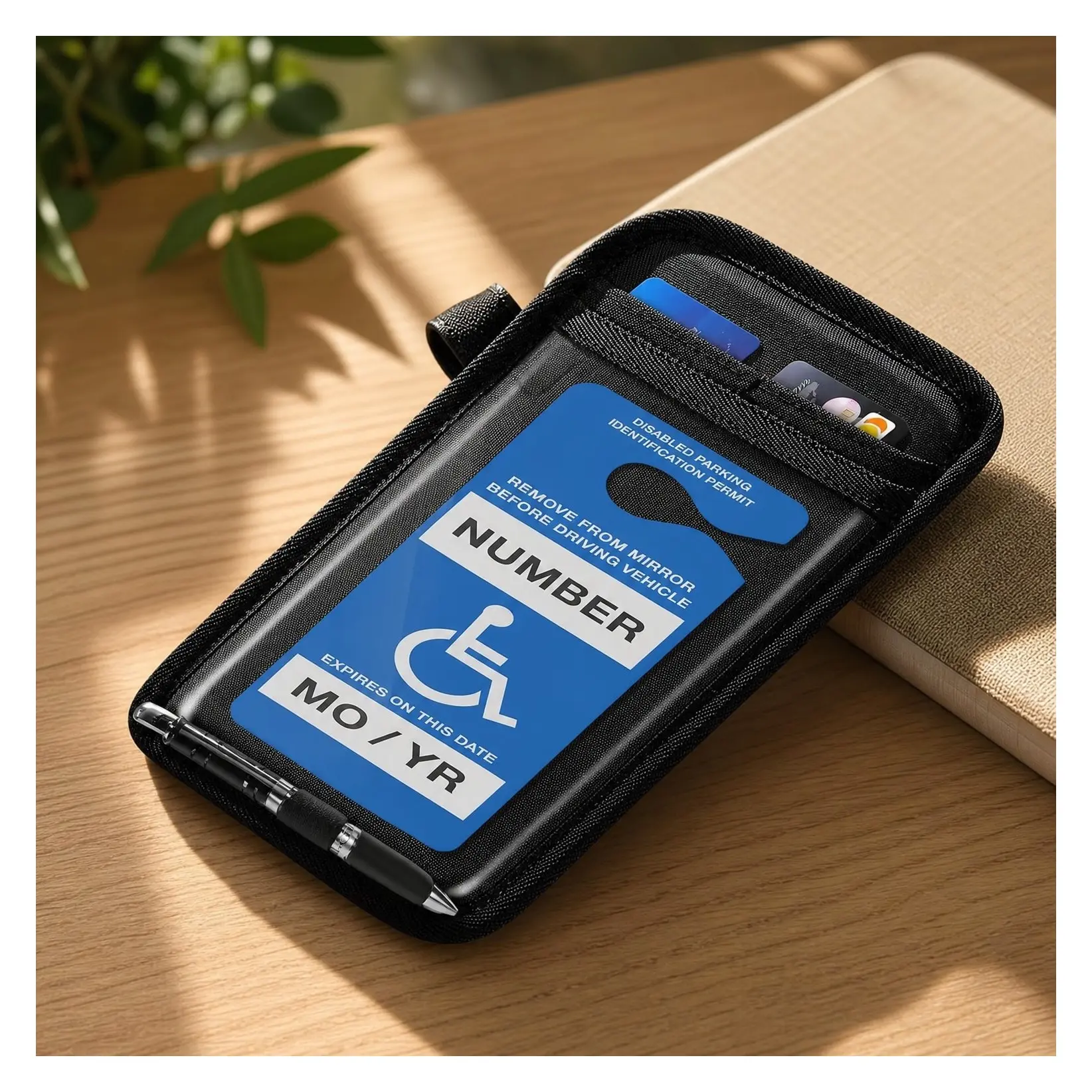 Handicap Placard Holder for Car Visor, Disabled Parking Permit Sign Protector with Pen Holder, Card Slots and Elastic Strap, BlackGift