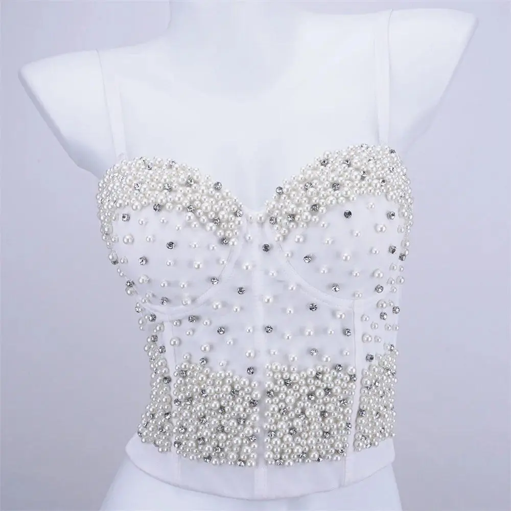 Fishbone Shaping Clothes Female Nightclub Beaded Sling Bustier Sexy Girl Anti-Hook Removable Straps Corset